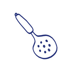 Skimmer. Kitchenware sketch. Doodle line vector kitchen utensil and tool. Cutlery illustration