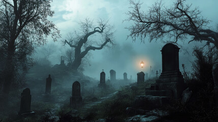 Gravestones and trees in a misty cemetery, Halloween background