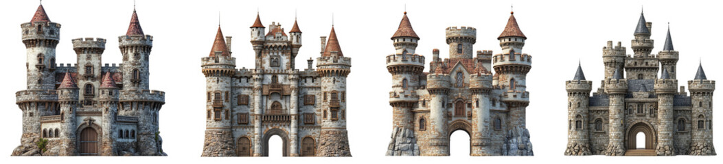 Fototapeta premium four ornate medieval castles rendered with intricate details transparent background