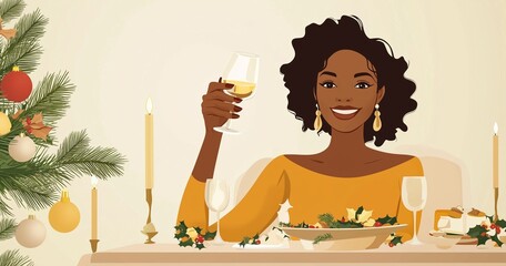 Minimalist festive dinner scene with an African American woman making a Christmas toast.
