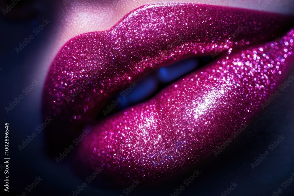Poster close-up of glossy lips with vibrant shiny finish showcasing sparkling makeup in natural light. gene