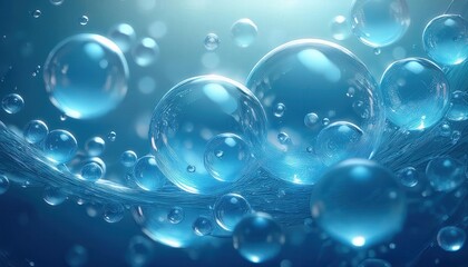 透明な青い水の泡が浮かぶ構図で、エーテル的な背景が軽やかさと爽やかさを感じさせ、泡の透明感を引き立てる光と反射が特徴。

