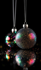Obraz premium A colorful Christmas ornament on a black background with bokeh sparkles.