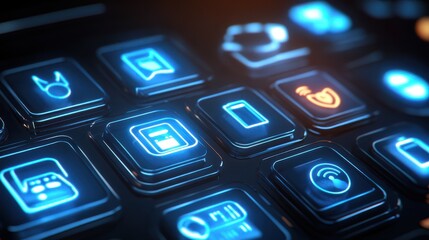 Obraz premium Glowing AI assistant icons floating on a black background, emphasizing smart technology and digital interaction