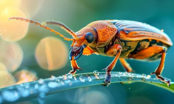 Bug is on a leaf and it is wet. The bug is brown and has a long antennae. hyperrealistic Video