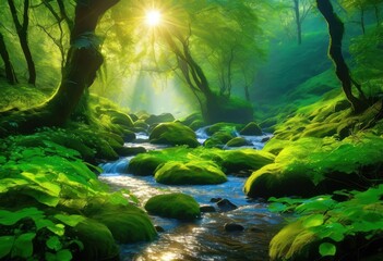 Fototapeta premium beautiful vibrant morning landscape featuring lush dew kissed serene natural scenery bright light, nature, greenery, sunlight, garden, water, leaf, sky