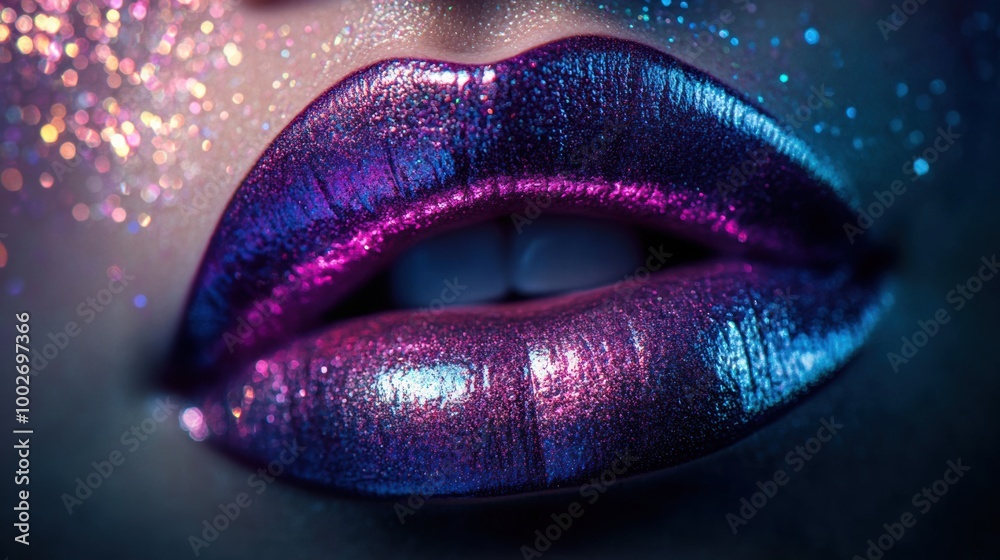 Poster glossy lips with vibrant, shiny finish decorated with sparkles lit by soft light to create an eye-ca