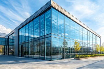 Fototapeta premium Modern glass facade business office building exterior with floor, Generative AI