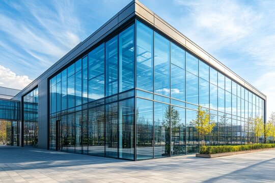 Modern glass facade business office building exterior with floor, Generative AI