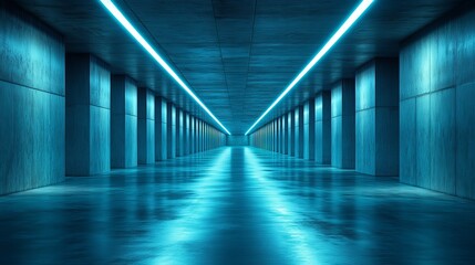 A long, narrow hallway with blue lights shining down on the floor