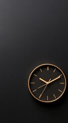 A vintage alarm clock in black and gold sits on a flat black surface, symbolizing the start or end of the workday, with ample space for text, enhancing its minimalistic appeal