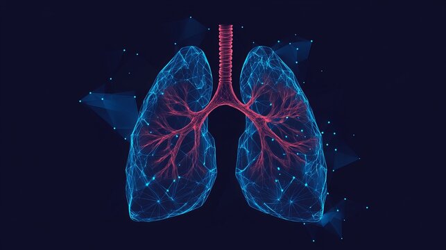 Vector illustration of abstract blue lungs with red bronchial tree structure. Anatomy of lungs including left and right bronchus, bronchioles, and trachea. Concept for healthcare