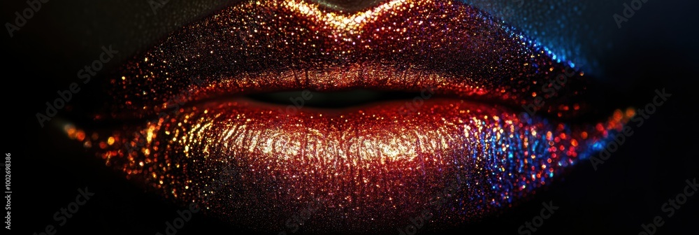 Aufkleber vibrant close-up of glossy lips with a shiny finish reflecting bright colors in a dark setting. gene