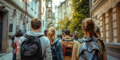 City Tour: A group of tourists on a guided tour in a European city