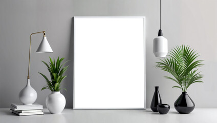 Minimalist Home Interior Mockup with Blank White Frame, Modern Decor Elements, and Greenery on Gray Background
