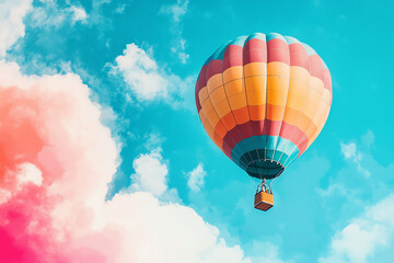 Fototapeta premium Craft a whimsical worms-eye view of a colorful hot air balloon floating gracefully in the sky, showcasing the intricate patterns and fabrics in a watercolor painting style