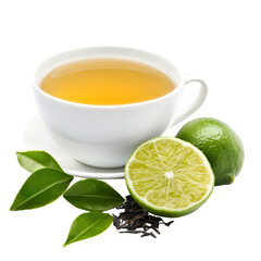 Refreshing green tea with lime and tea leaves
