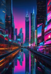 Obraz premium sleek chrome surfaces reflecting vibrant cityscapes neon lively urban atmospheres, reflection, skyscraper, light, modern, architecture, building, design