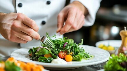 Before serving a dish to restaurant patrons, the chef adds the final touches to a salad made with fresh greens.