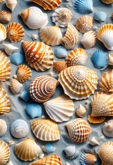 vibrant collection seashells displayed sandy shore backdrop clear blue sky gentle waves creating fresh coastal atmosphere, beach, ocean, coastline, tide