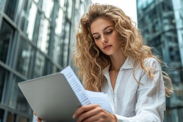 Fototapeta premium Woman analyst working with documents and use laptop sitting outside on modern building background, Generative AI