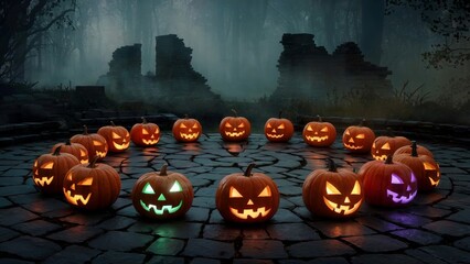 Halloween jack-o'-lanterns in spooky forest. Eerie atmosphere. Halloween night. Festive display. Perfect for holiday decor, poster, flyer, banner with copy space.