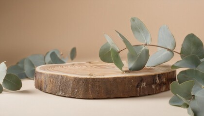 木製のプラットフォームとユーカリの葉による自然な構成: ミニマリストのエレガンス