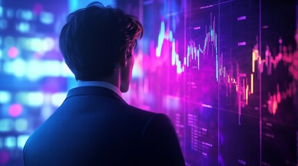 A professional analyzing vibrant financial data on a digital interface, showcasing charts and graphs with a futuristic glow.