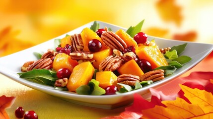 A colorful Thanksgiving salad with roasted butternut squash, pecans, and cranberries, topped with a light dressing.