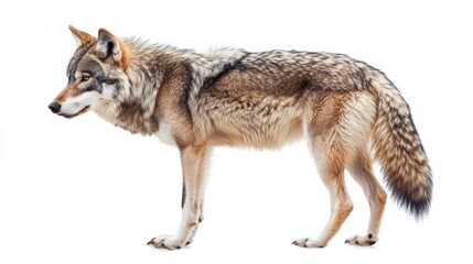 Fototapeta premium Wolf Isolated: Majestic Wild Animal with Fluffy Tail on White Background