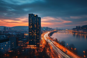 Fototapeta premium evening view of modern part of Slovakia capital city Bratislava, business district, Generative AI