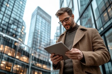 Fototapeta premium Young businessman with digital tablet by the office building, Generative AI