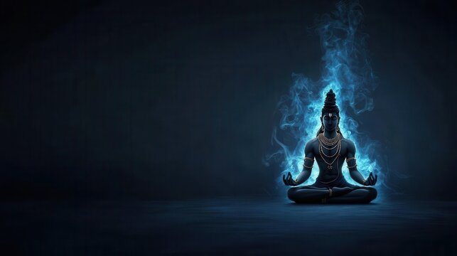 Shiva seated in Siddhasana, his body glowing with spiritual energy, symbolizing mastery over the senses, Shiva, yoga, spiritual mastery