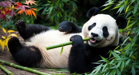 Obraz premium Cuddly panda bear relaxing and chewing on bamboo surrounded by colorful foliage