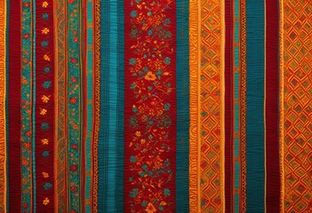 close view brightly colored fabric patterns showcasing intricate textures rich visual design elements, colorful, vibrant, textile, material, weaving