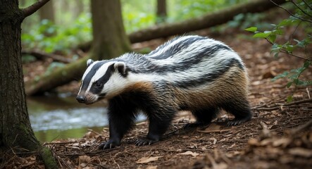 Curious badger wandering through thick woods with a gentle stream in the background