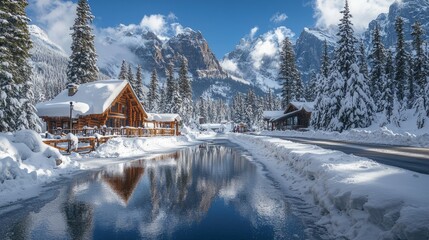 Naklejka premium Cozy cabin in snowy mountain landscape with reflection in water