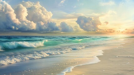 Obraz premium A serene beach scene at sunset, showcasing gentle waves, soft sands, and colorful clouds reflecting in the sky.