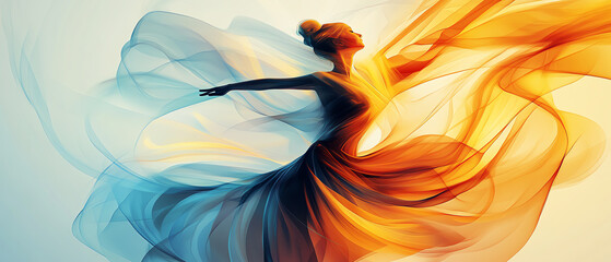 Illustrate the graceful swirls of a dancers flowing dress in a digital painting, highlighting the dynamic movement and energy of the performance