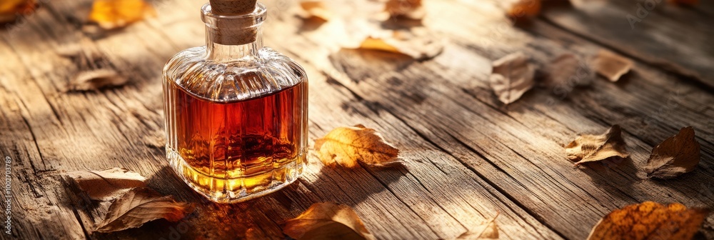 Poster A close-up view of a whiskey bottle surrounded by autumn leaves on a rustic wooden table during the golden hour. Generative AI