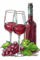 Fresh grape, grape wine bottle and glass. Painting drawing