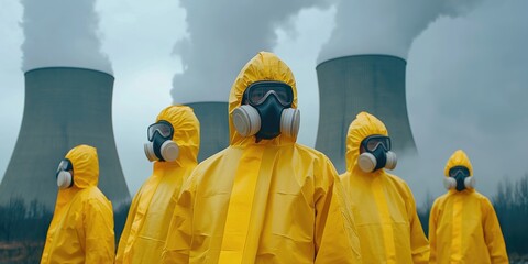 A group of individuals wearing yellow hazmat safety suits and masks standing in front of cooling towers.