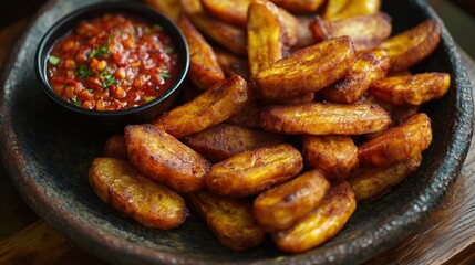 Fototapeta premium A platter of fried plantain, a local favorite in Nigeria and West Africa, paired with a spicy, tangy sauce