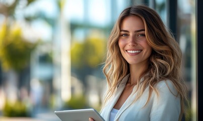 Fototapeta premium Smiling businesswoman holding a tablet while standing outdoors in front of modern office building in a sunny day, Generative AI