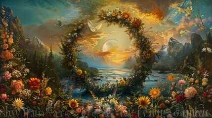 A majestic wreath adorned with a profusion of flowers and foliage, encircling a stunning painting capturing the essence of the spring equinox, with sun, moon, and mountains in harmonious display.jpg