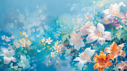 A poetic dance of colors unfolds, as fresh pastel flowers intertwine gracefully against a backdrop of tranquil blue, inviting viewers into a world of serenity.jpg