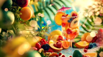 Refreshing Fruit Cocktail Garnished With Vibrant Fruits and Colorful Umbrella in a Tropical Setting