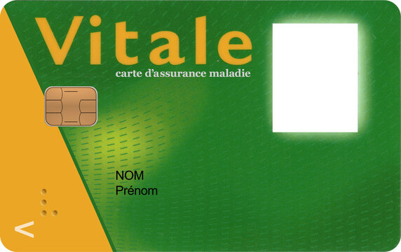 A dummy card of social security system of France, a factice Carte Vitale in the name of name firstname, no ID photo, gender neutral, no age. Text in French : health insurance card.