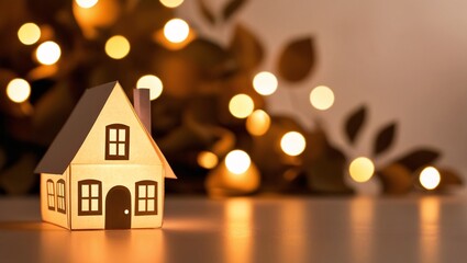 Serene Warm-Toned of Paper-Cut House Model Illuminated from Within, Set Against a Blurred Background of Golden Bokeh Lights and Out-of-Focus Foliage, Evoking Warmth and Coziness