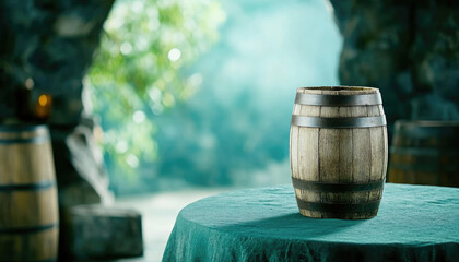 Naklejka premium wooden barrel with metal hoops sits on a turquoise tablecloth in a dimly lit room